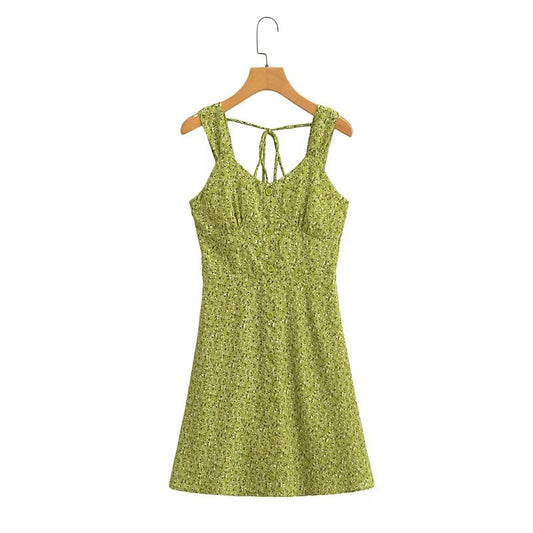 Vacation Green Single Breasted Square Collar Dress