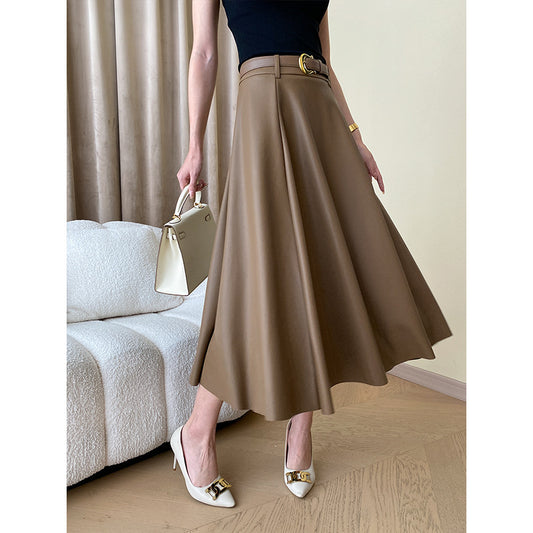 High End Office French Pleated A Line Leather Skirt
