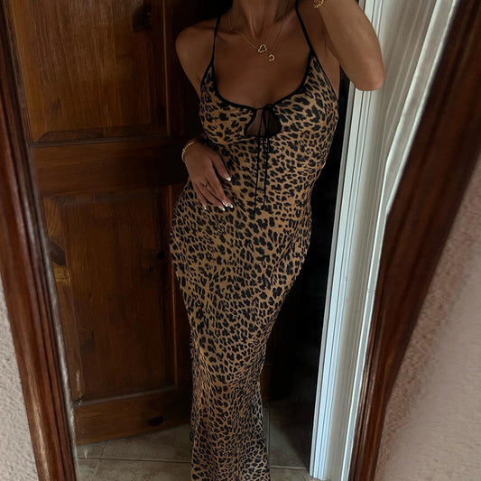 Strap Off Neck Tie Sexy Backless Leopard Print Dress