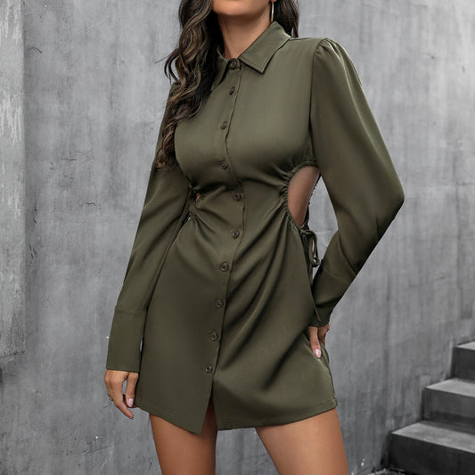 Collared Hollow Out Cutout Long Sleeve Tight Waist Stylish Dress