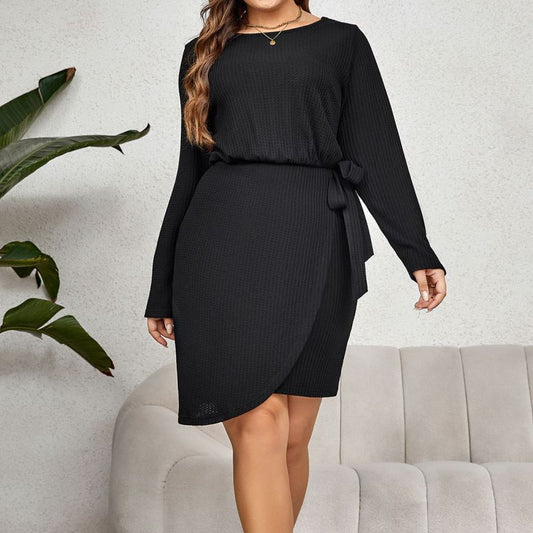 Round Neck Long Sleeve Waist Controlled Lace Up Smooth Slimming Dress