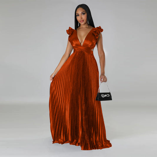 Artificial Silk Sexy Backless Deep V Plunge Pleated Dress