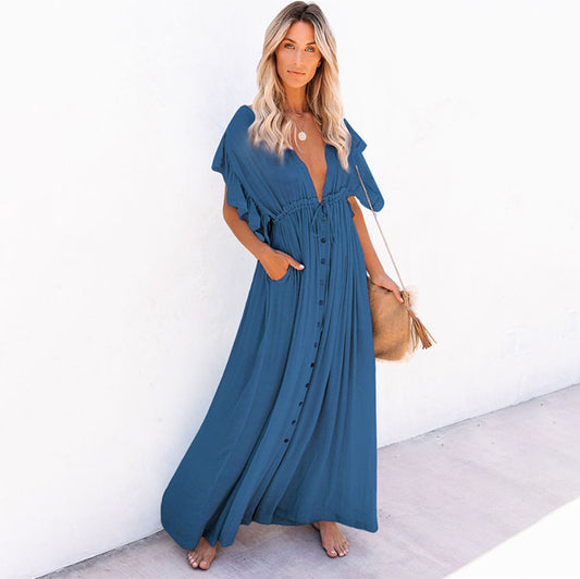 Single Breasted Waist Pull-Belt Beach Cover-up