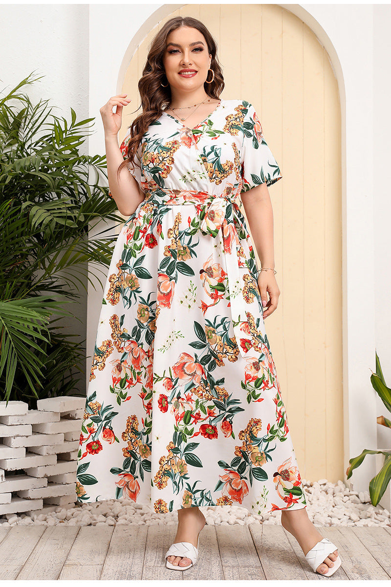 Plus Size High Waist Western V-neck Midi Dress