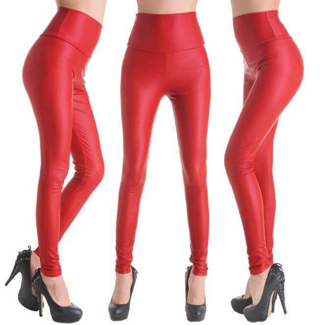 High Waist Faux Leather Four Sided Elastic Bronzing Pants