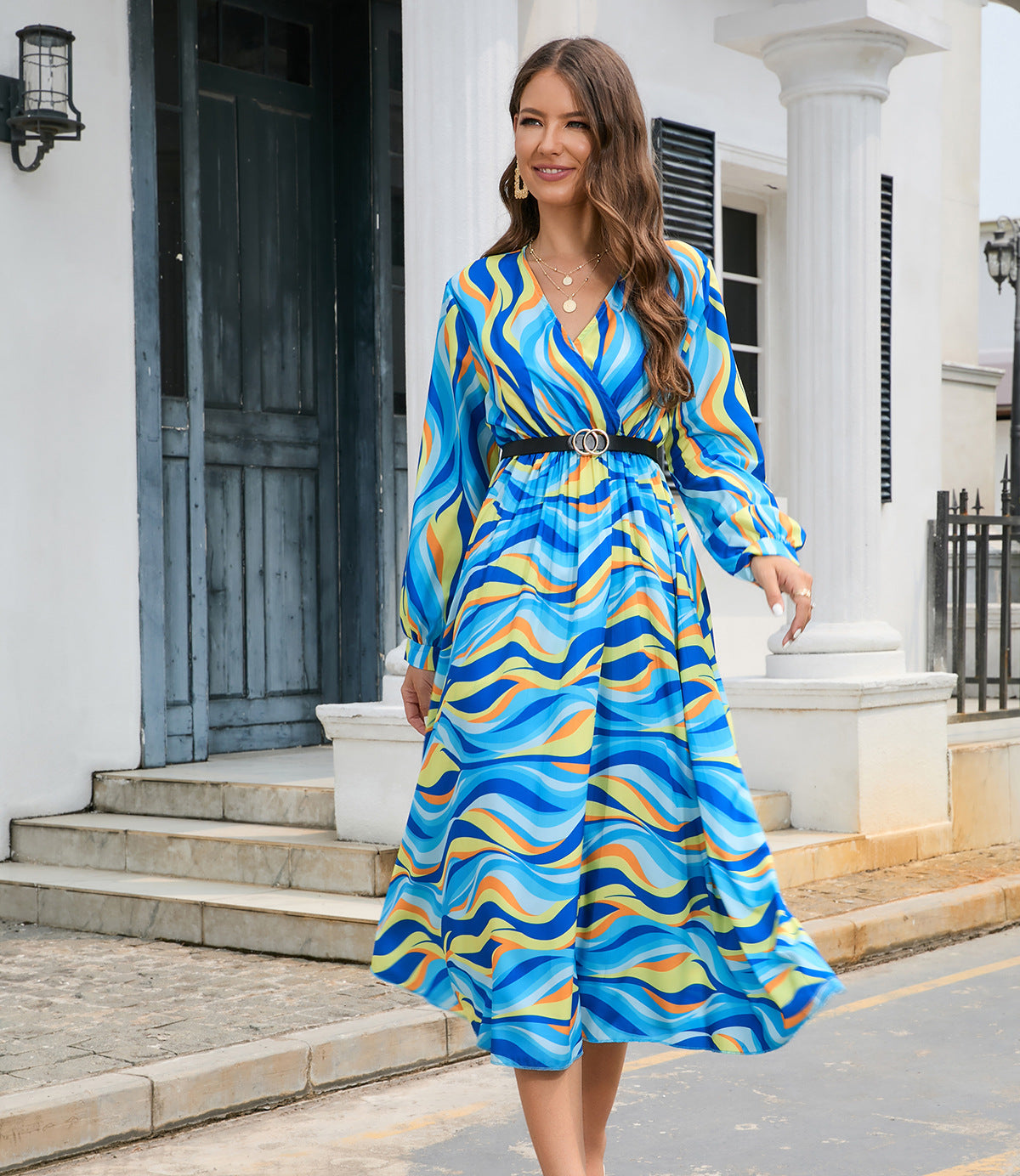 Printing V Neck Pleated Long Sleeve Dress With Belted