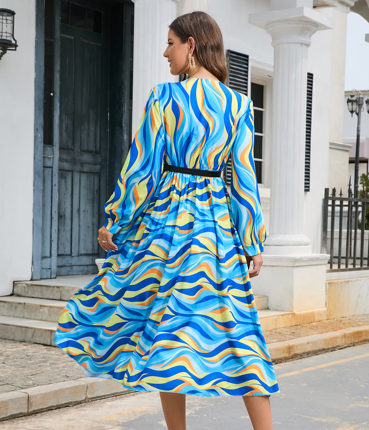 Printing V Neck Pleated Long Sleeve Dress With Belted