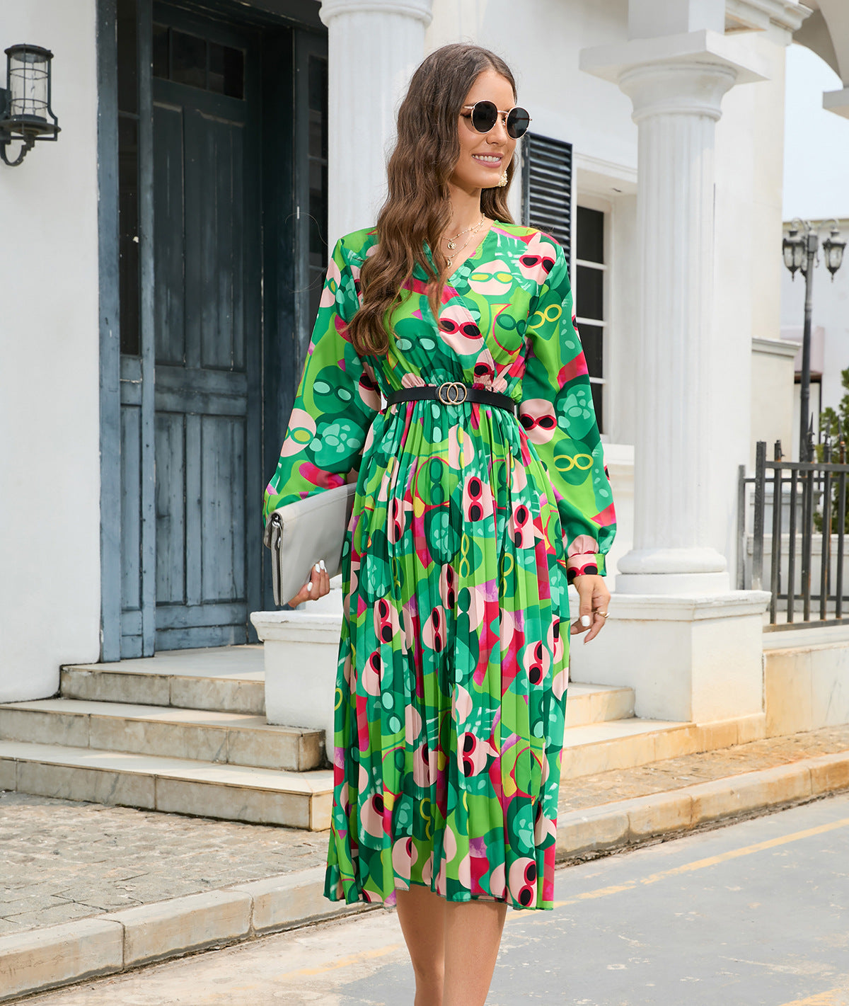 Printing V Neck Pleated Long Sleeve Dress With Belted