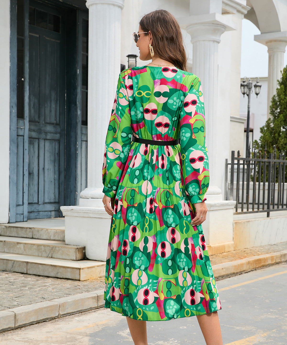 Printing V Neck Pleated Long Sleeve Dress With Belted