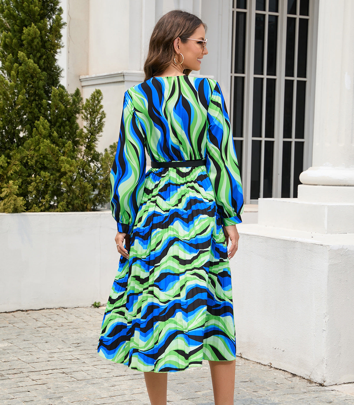 Printing V Neck Pleated Long Sleeve Dress With Belted