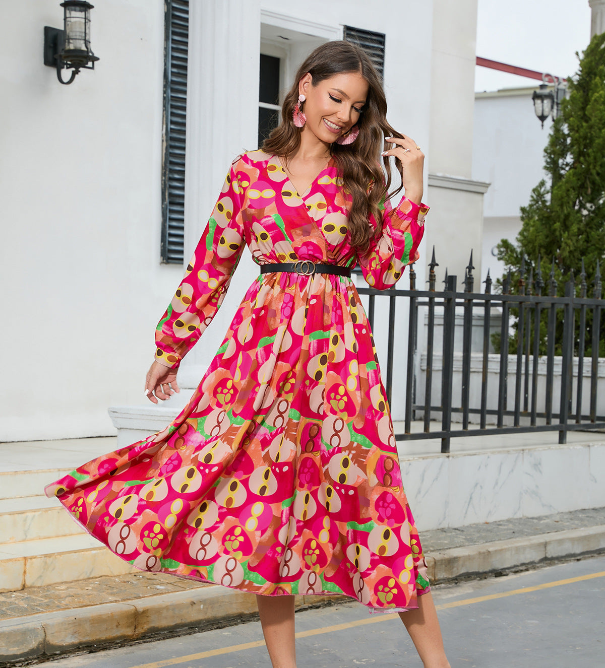 Printing V Neck Pleated Long Sleeve Dress With Belted