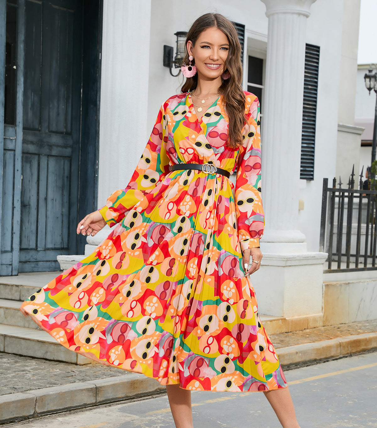 Printing V Neck Pleated Long Sleeve Dress With Belted