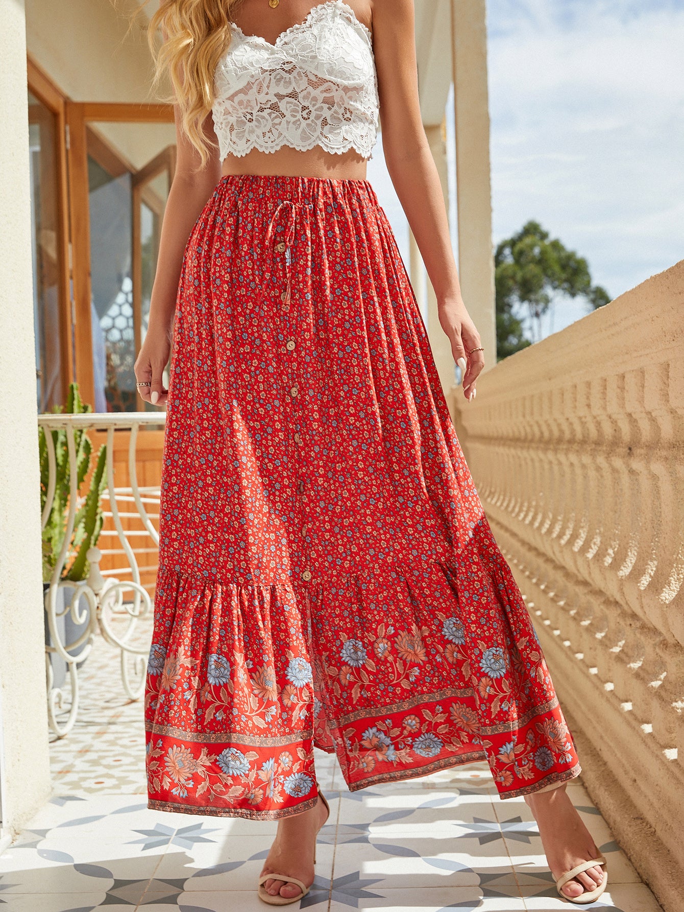 Summer Printed Tie Maxi A Line Skirt