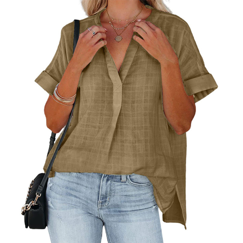 V-neck Short Sleeve Solid Color Thin Loose Checked Shirt