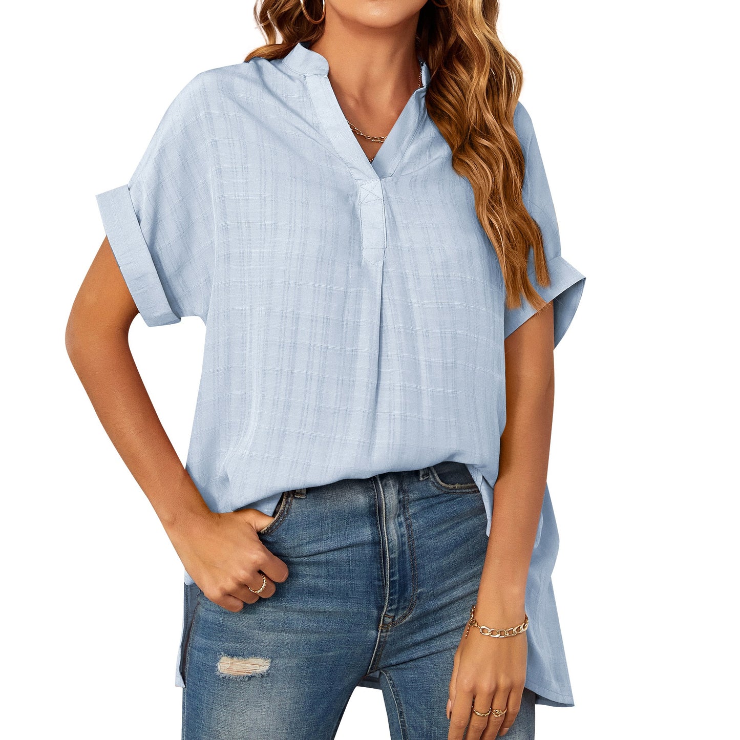 V-neck Short Sleeve Solid Color Thin Loose Checked Shirt