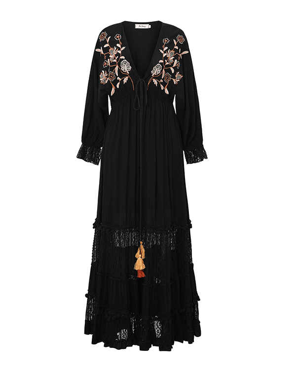 فستان بوهيمي أسود نقي مطرز بشبكة أرجوحة كبيرة