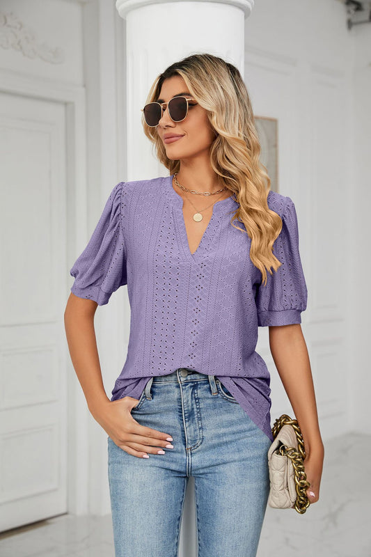 V Neck Hollow Out Puff Sleeve Loose Fitting T Shirt Top