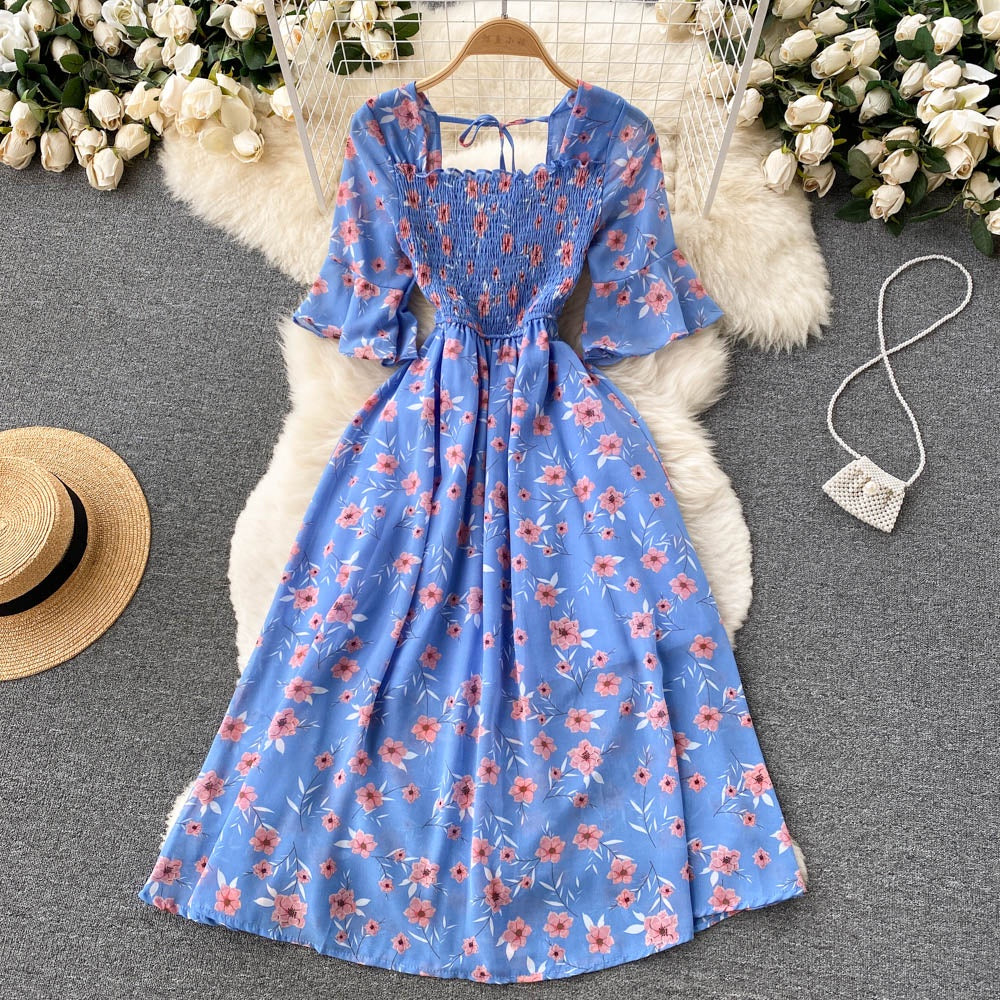 Vintage Chiffon Square Neck Flare Sleeves Long Dress