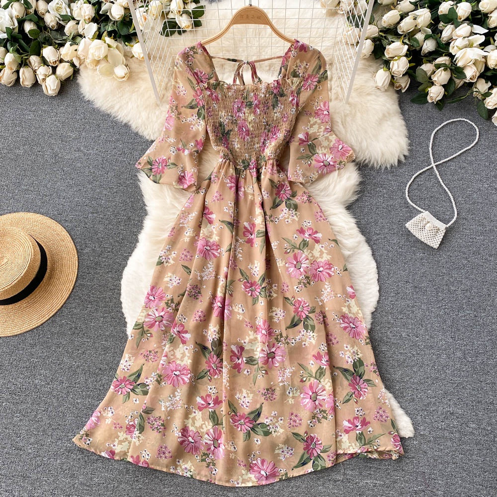 Vintage Chiffon Square Neck Flare Sleeves Long Dress