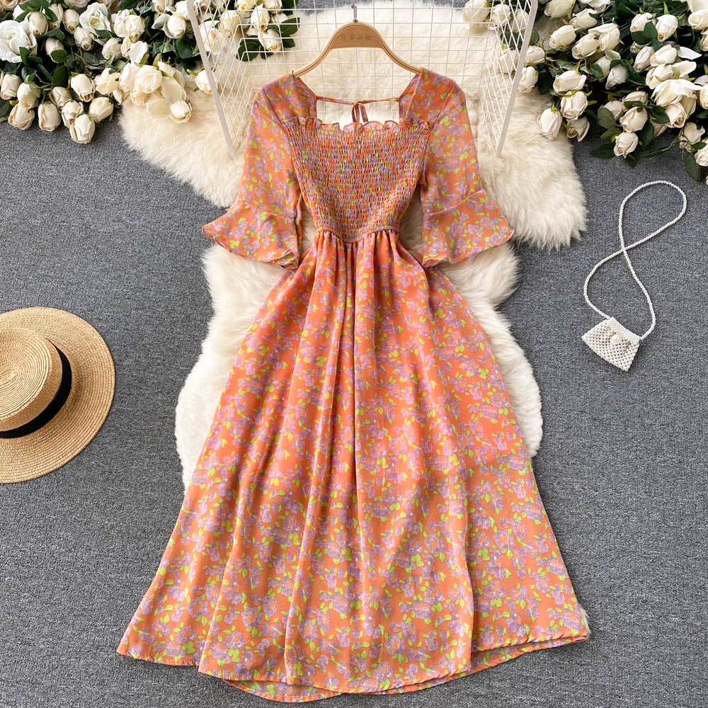 Vintage Chiffon Square Neck Flare Sleeves Long Dress