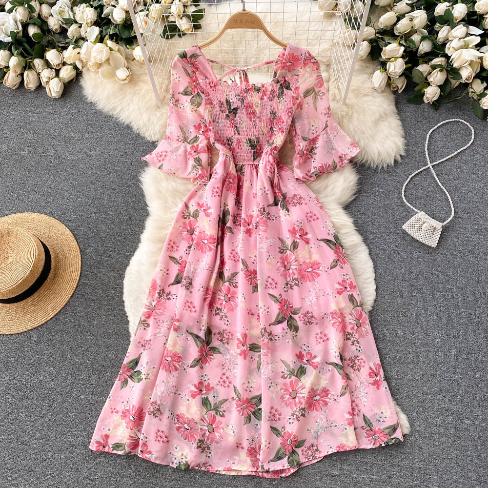 Vintage Chiffon Square Neck Flare Sleeves Long Dress