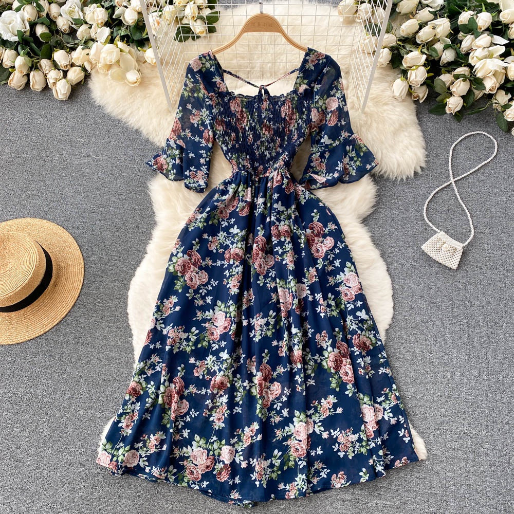 Vintage Chiffon Square Neck Flare Sleeves Long Dress