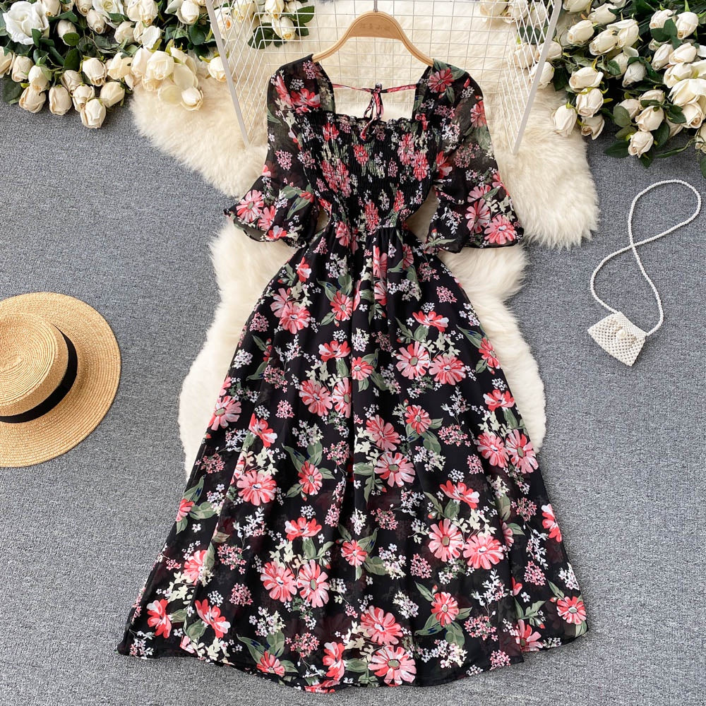 Vintage Chiffon Square Neck Flare Sleeves Long Dress