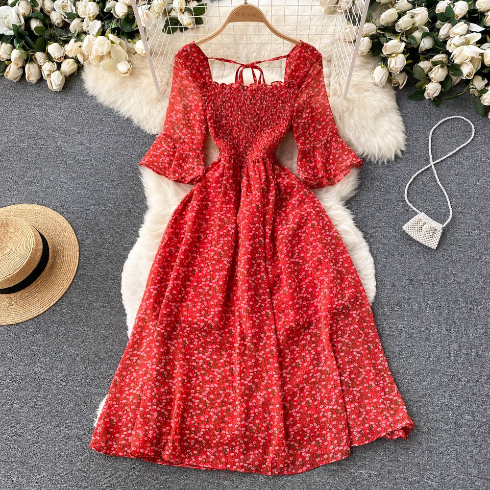 Vintage Chiffon Square Neck Flare Sleeves Long Dress