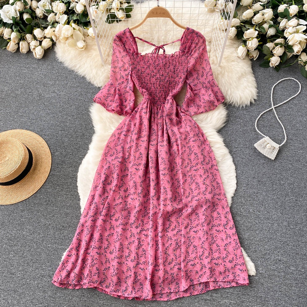 Vintage Chiffon Square Neck Flare Sleeves Long Dress