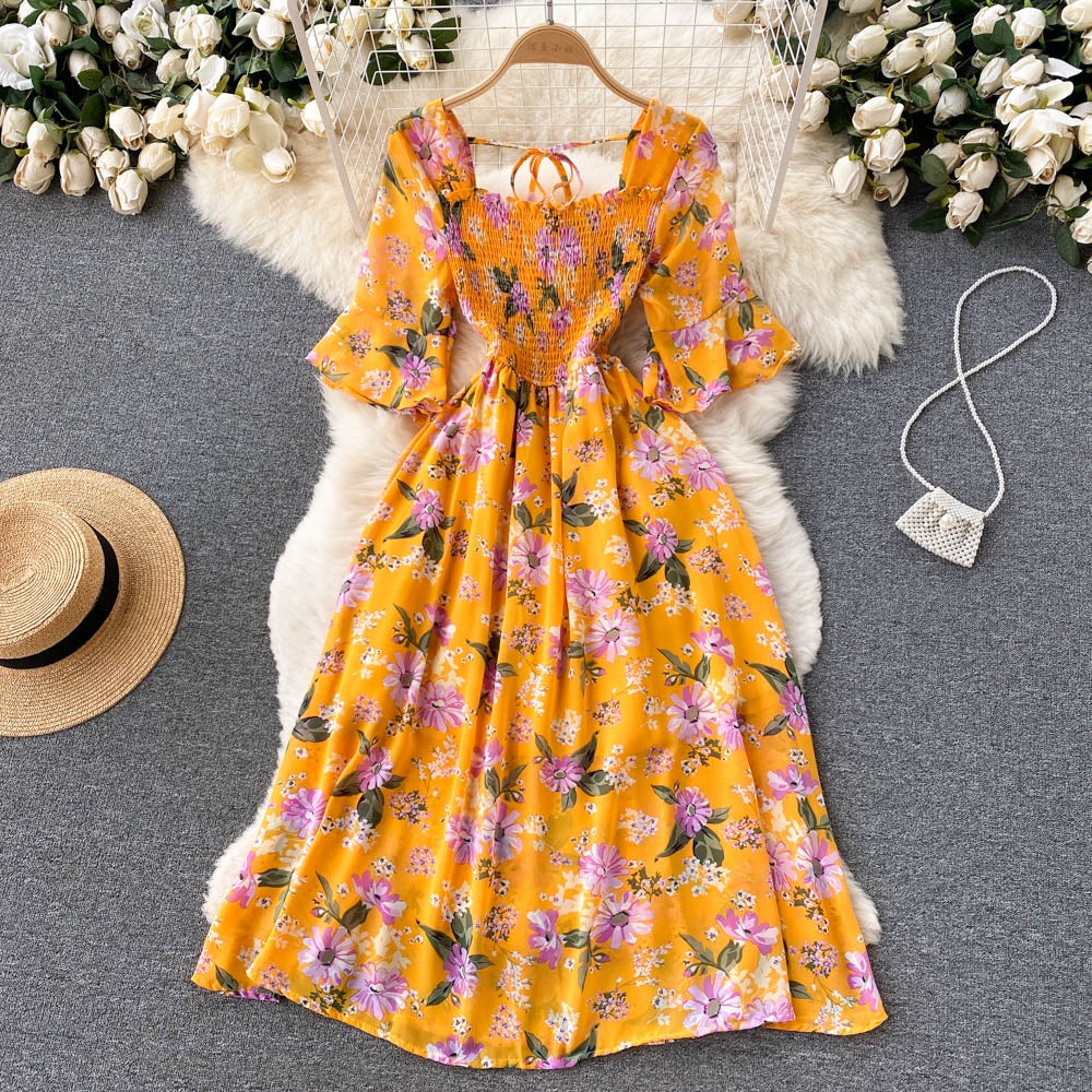 Vintage Chiffon Square Neck Flare Sleeves Long Dress