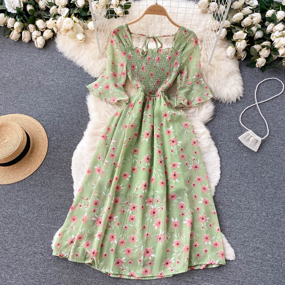 Vintage Chiffon Square Neck Flare Sleeves Long Dress