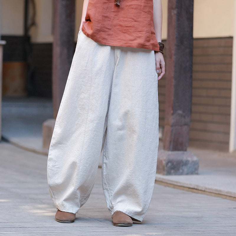 Pantaloni da yoga in ramie con cuciture in tinta unita in cotone e lino retrò larghi taglie forti