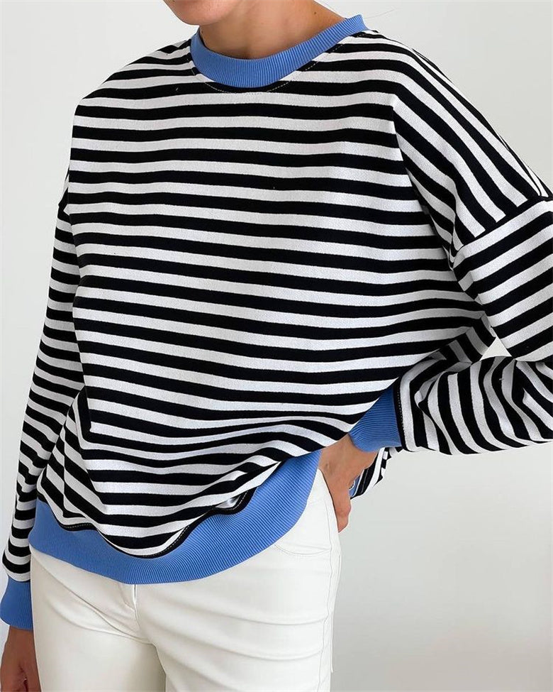 Suéter fino de manga larga con contraste de color a rayas simples