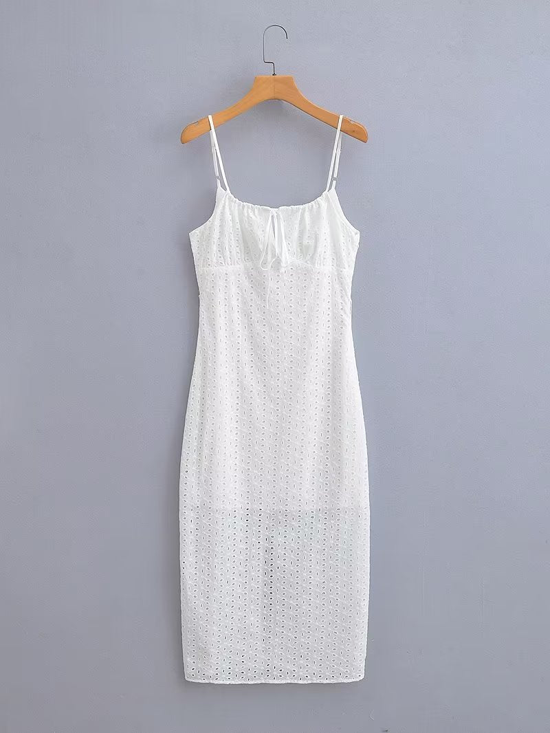 White V neck Hollow Out Cutout Knitted French Slim Dress