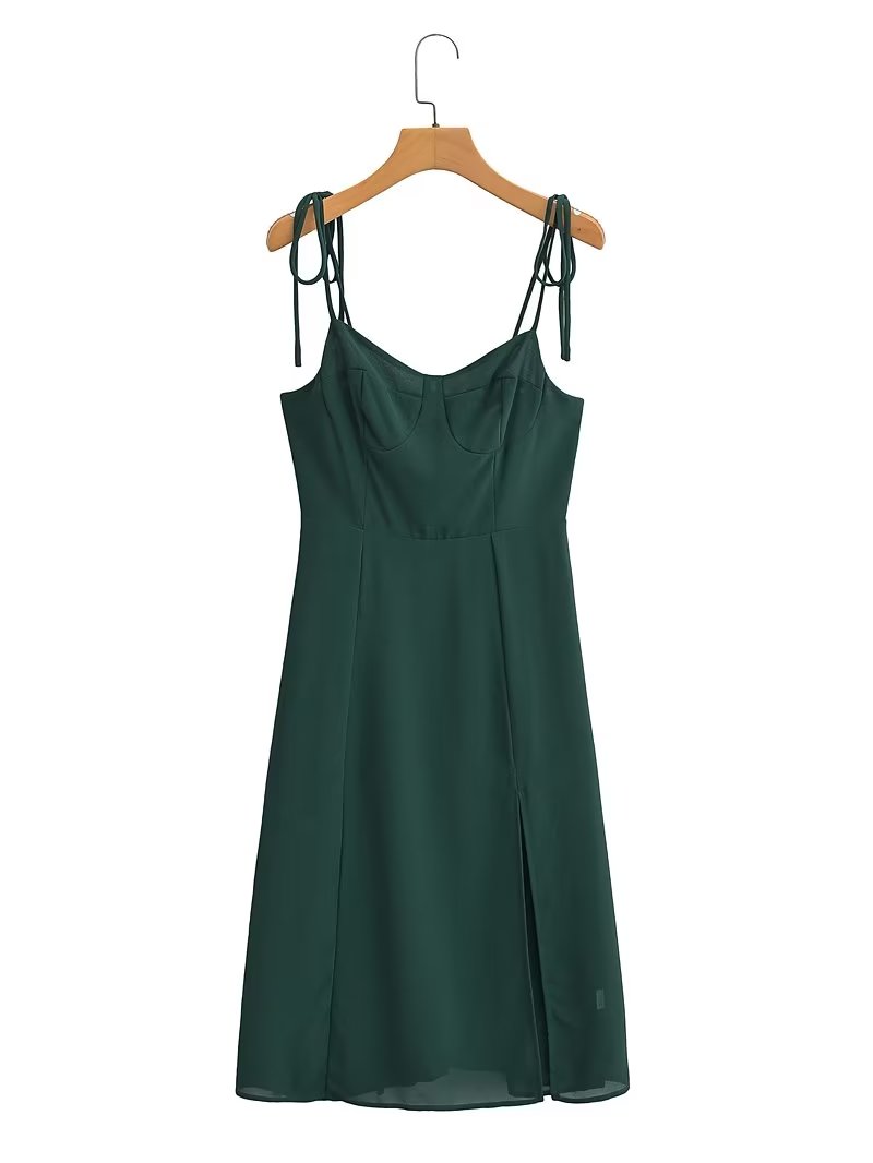 Elegant Side Slit Mid Length Tied Spaghetti Strap Dress