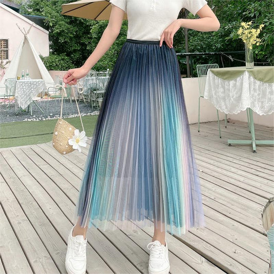 High Waist Double-Layer Mesh Gradient Mid-Length Skirt