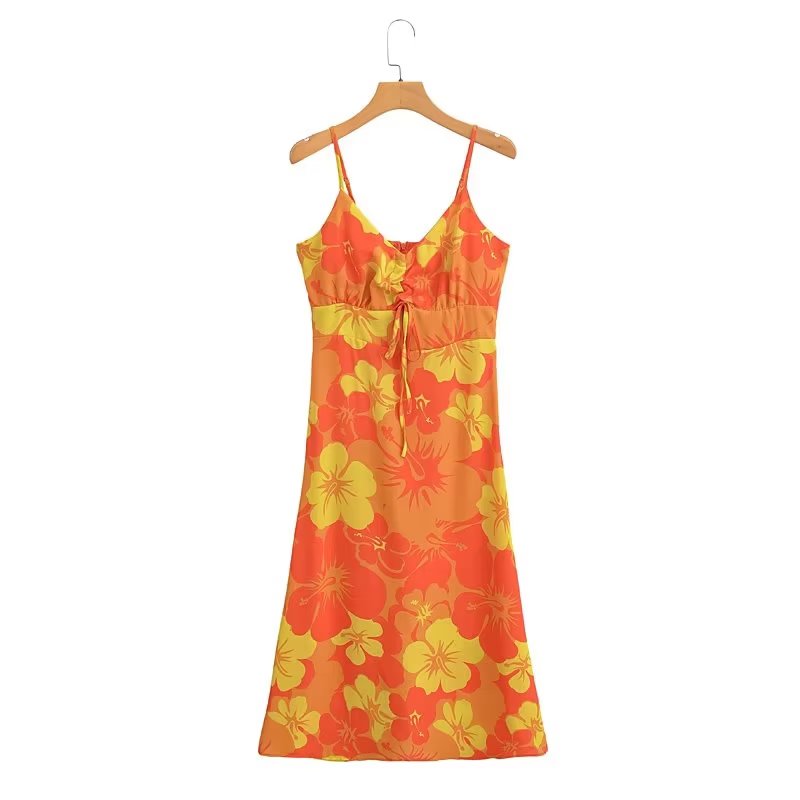 Frühlings-Sling-Kleid mit quadratischem Kragen, Gürtel und Taille, bedrucktes A-Linien-Kleid
