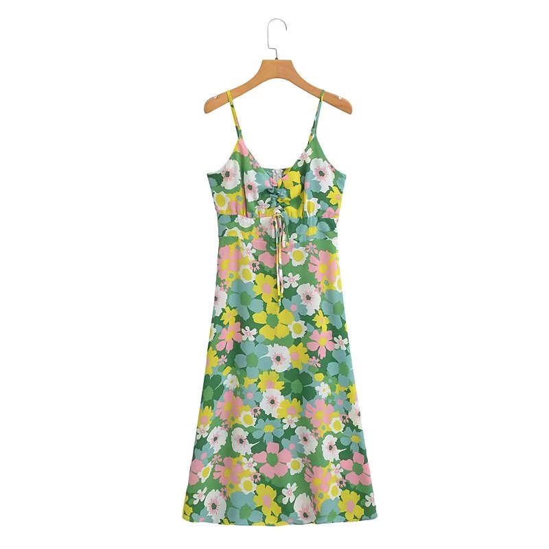 Spring Sling Square Collar Belt Waist A line Printed Dress