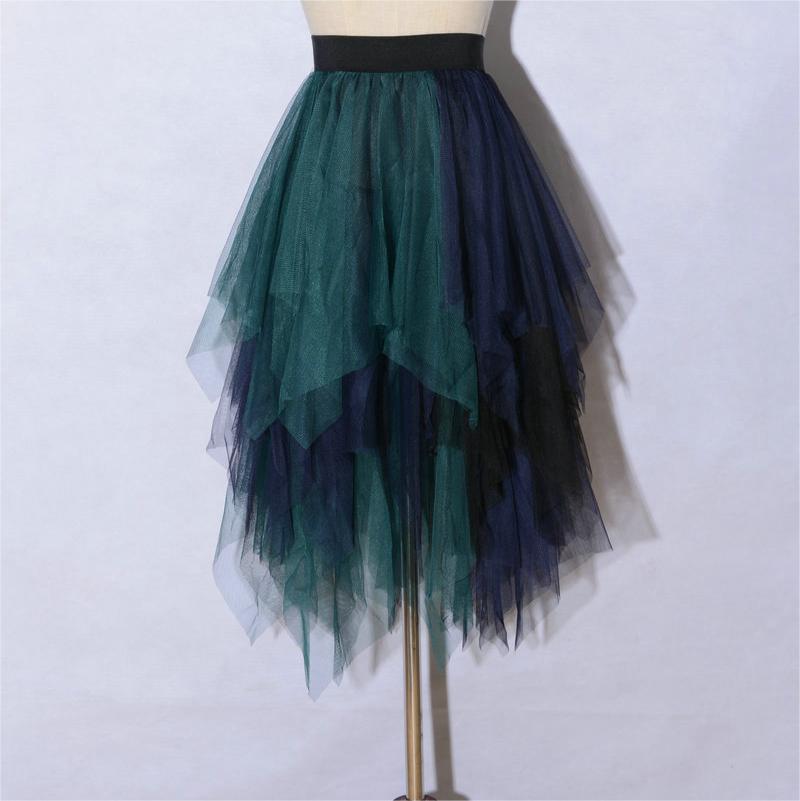 Color Matching Mesh Multi Layer Irregular Asymmetric All Matching Elastic Waistband Midi Skirt