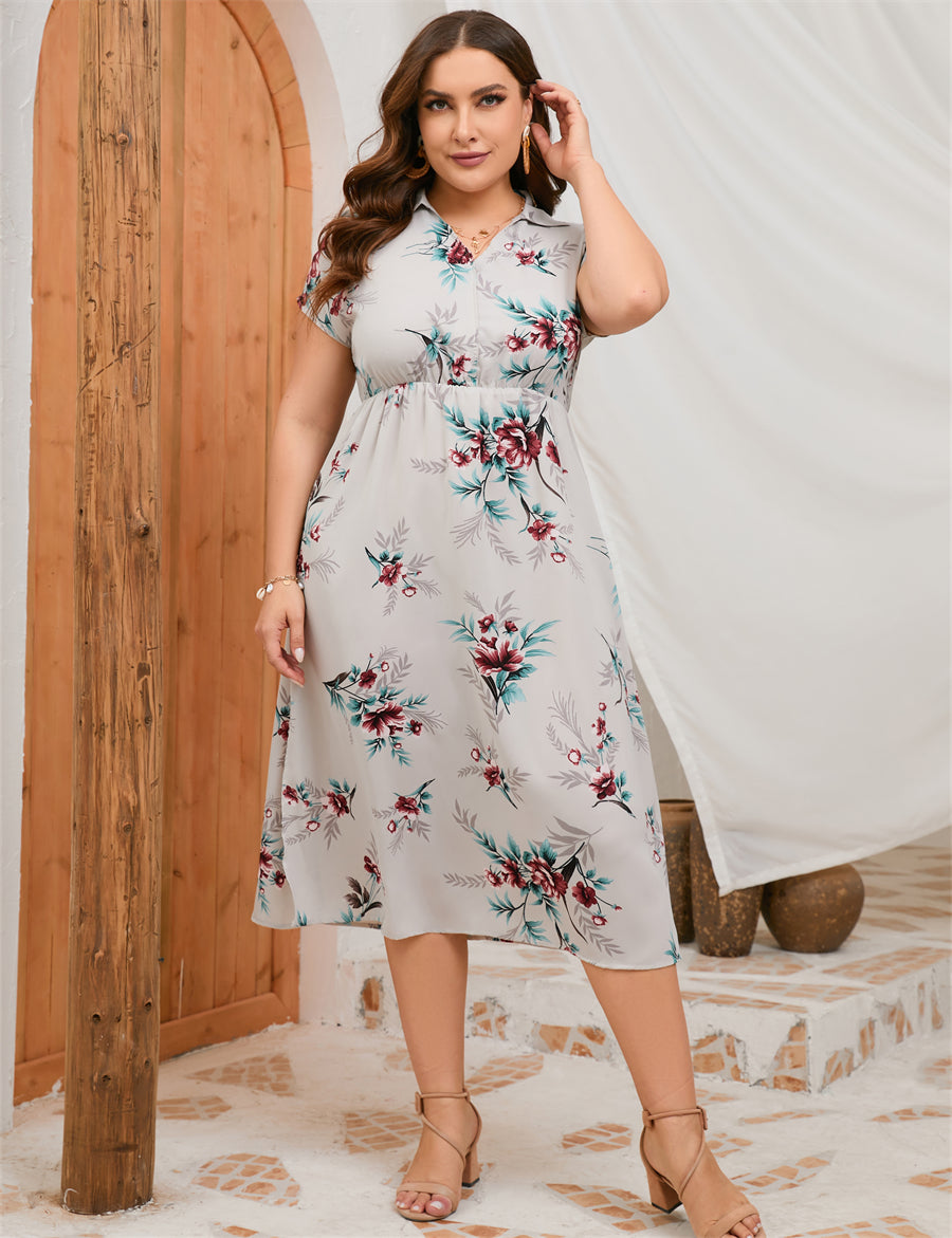 Collar Short Sleeve Side Split Mid length Shirt Dress