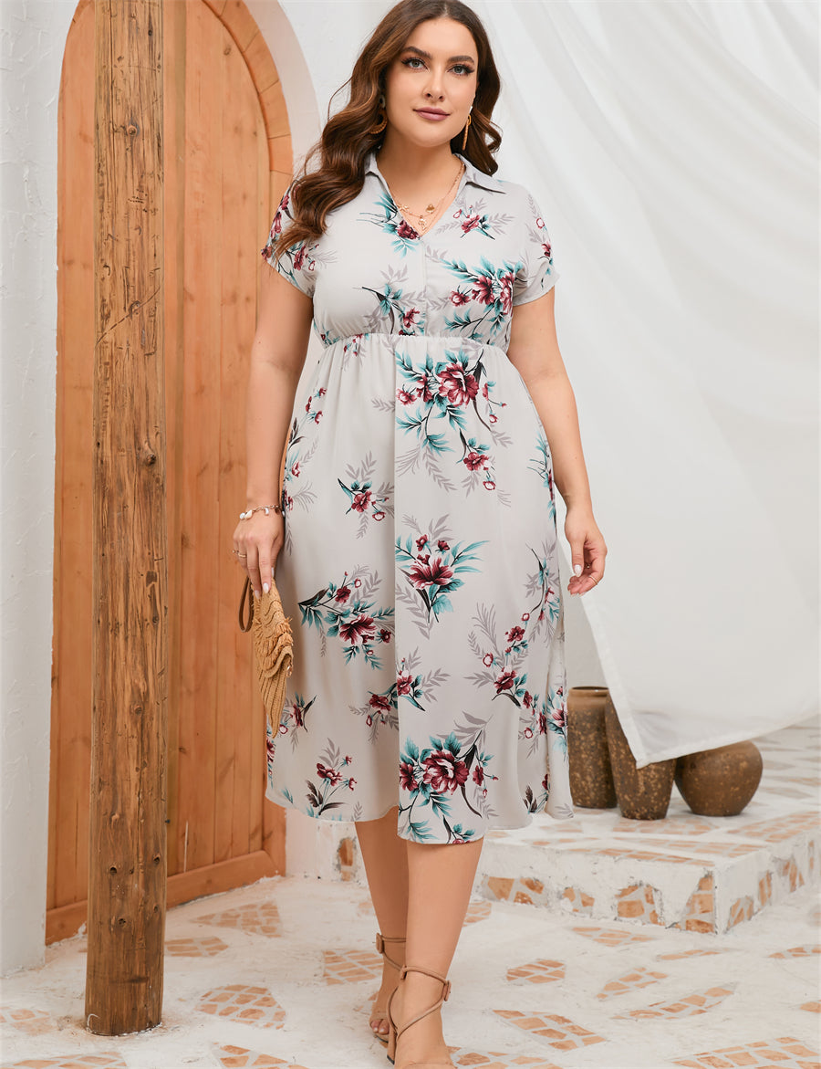 Collar Short Sleeve Side Split Mid length Shirt Dress