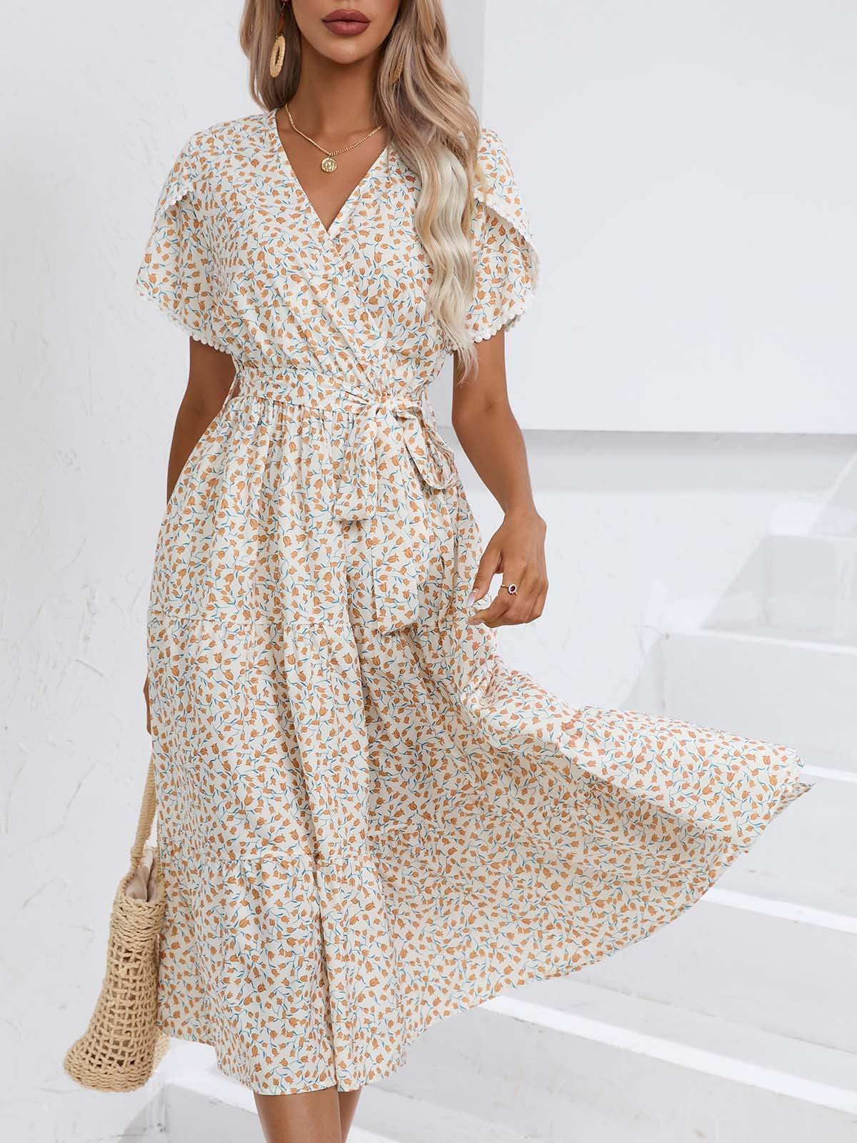 Floral Split V Neck Dress