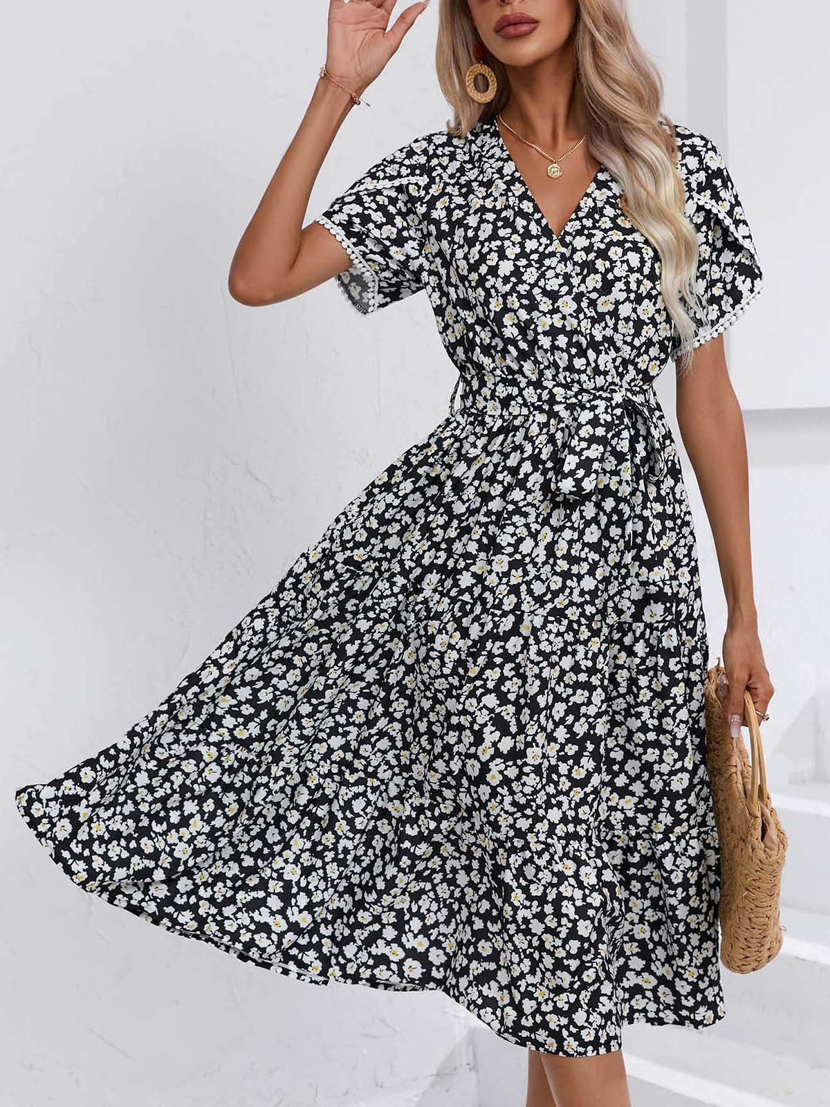 Floral Split V Neck Dress