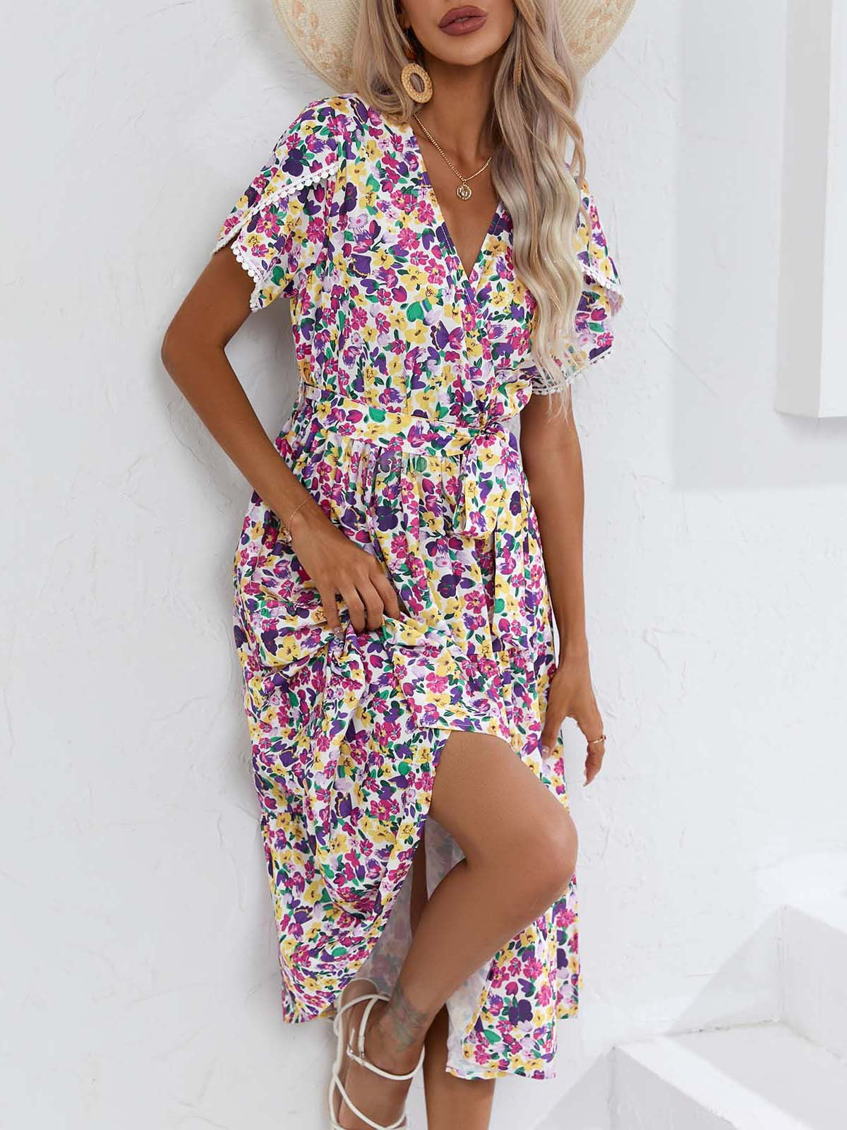 Floral Split V Neck Dress