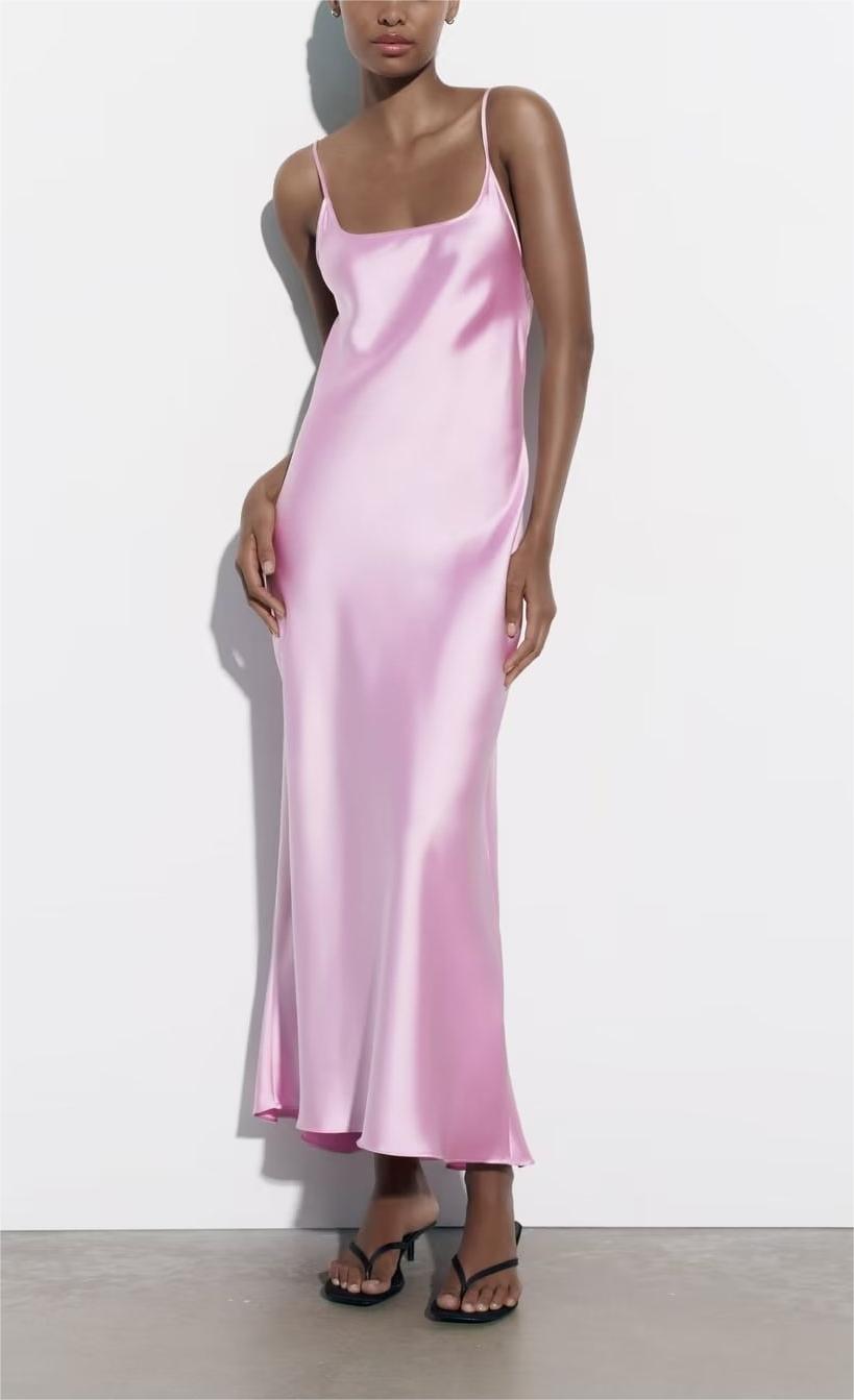 Hollow Out Satin Texture Split Sling Dress