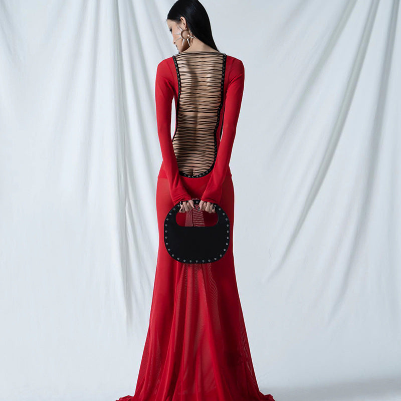 Sexy Mesh Backless Lace up Long Sleeve Super Maxi Dress