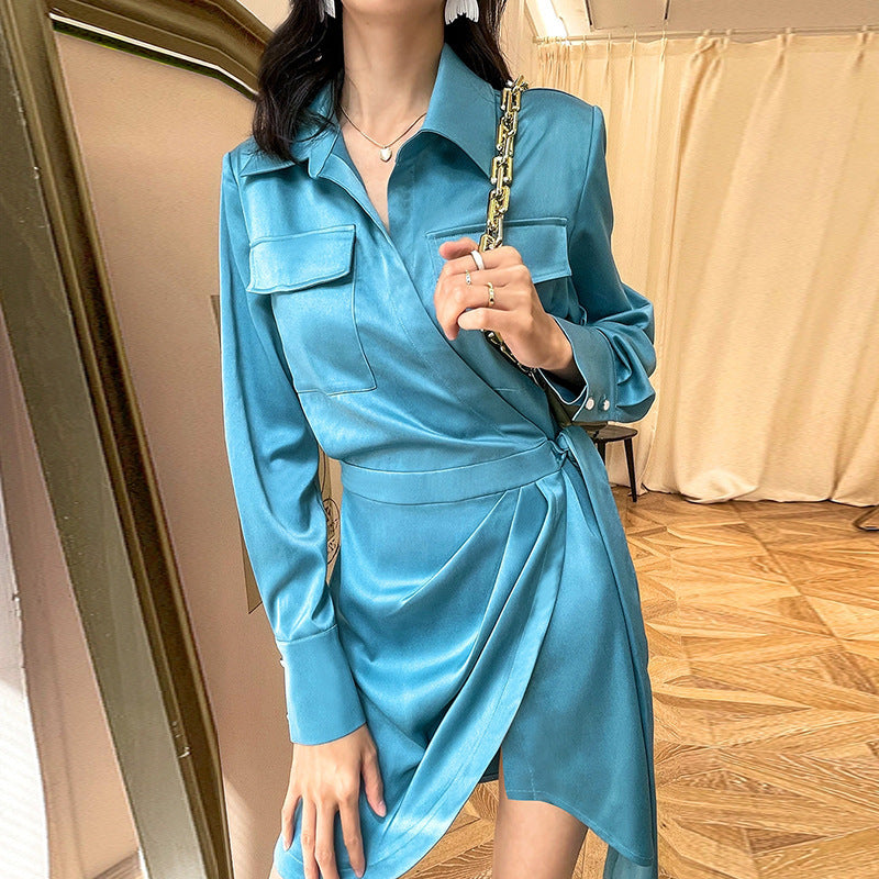 Satin Tooling Pocket Mid Length Shirt Dress