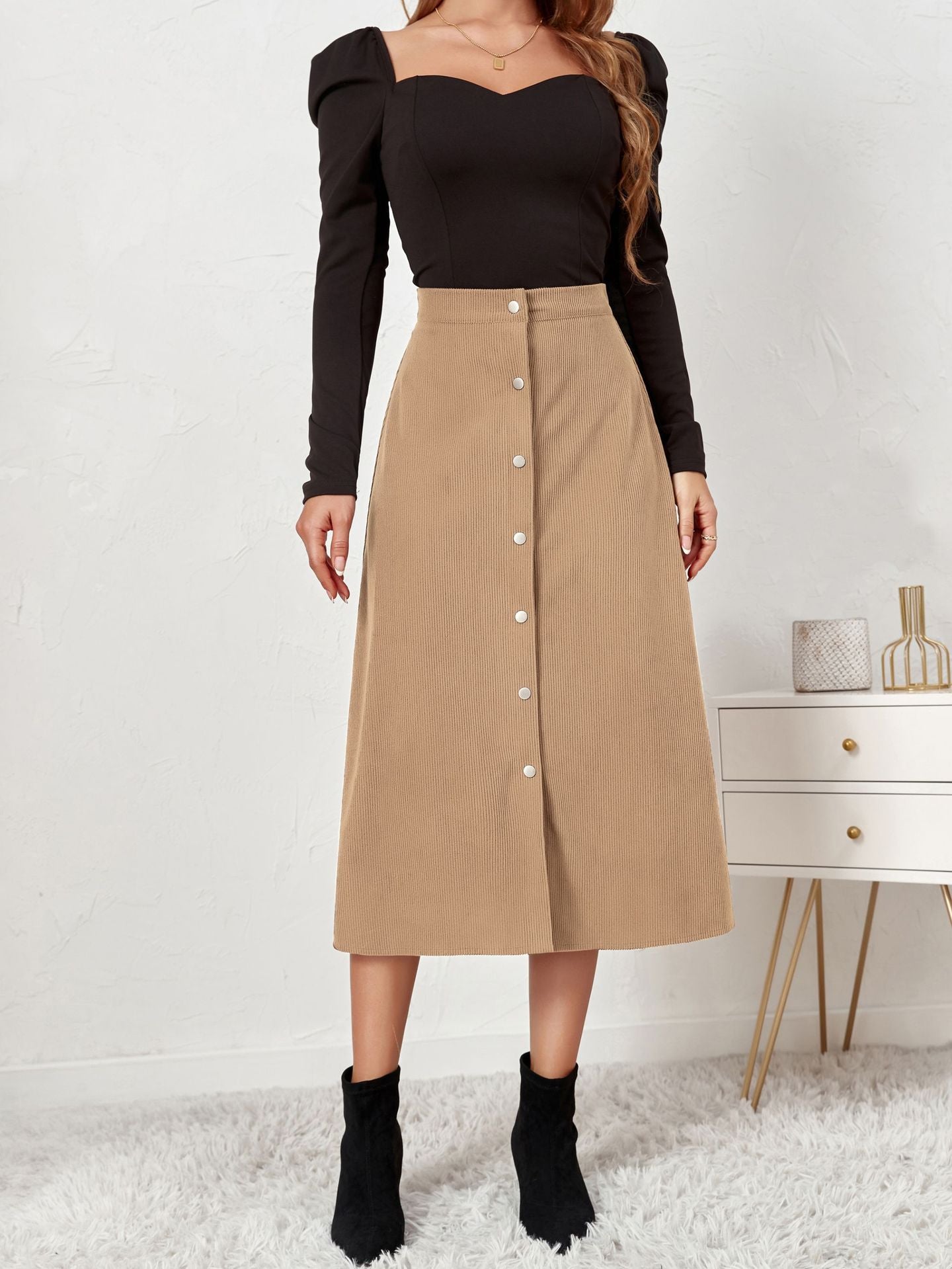 Single Breasted High Waist Autumn Winter Maxi Skirt