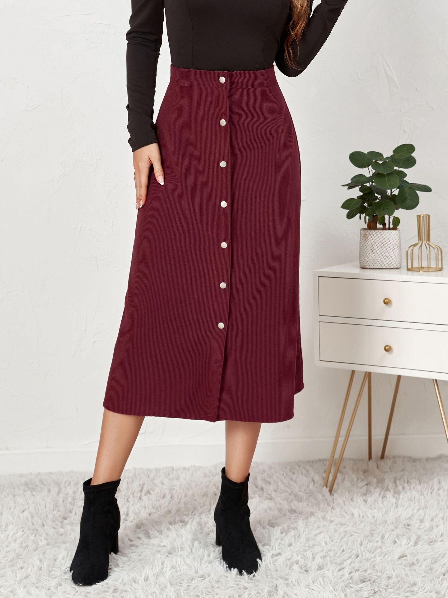 Single Breasted High Waist Autumn Winter Maxi Skirt