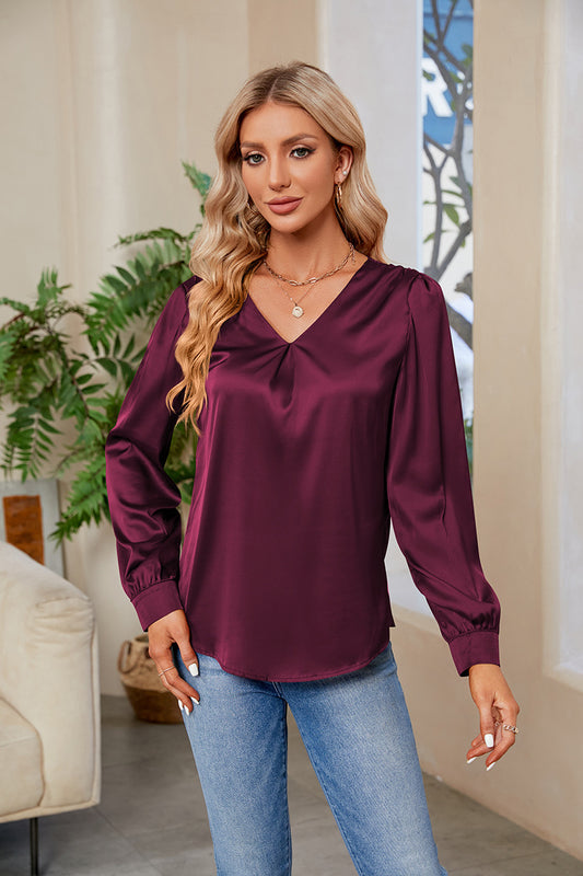 Satin Pleated Long Sleeved Top V Neck Casual Loose Work Office Blouse Aladal - Fashally.com